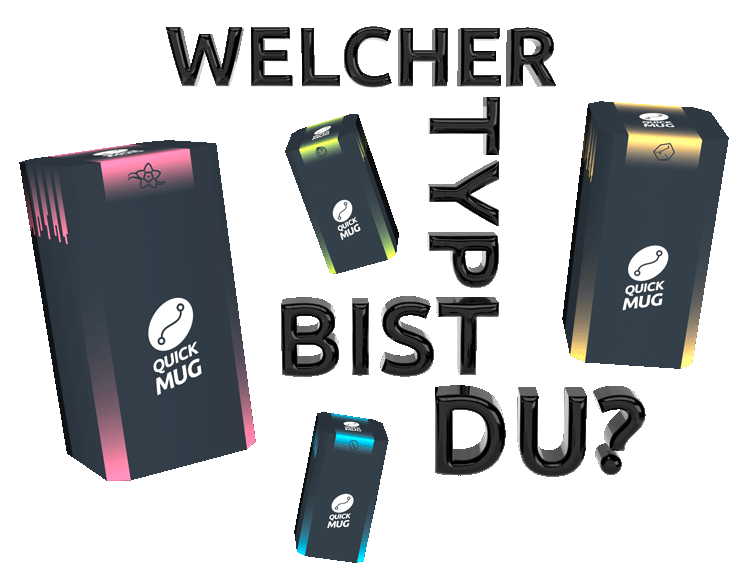 Vier schwebende Verpackungen mit zentralem Claim ‚Welcher Typ bist du?‘ – Farbige Varianten einer einheitlichen Serie