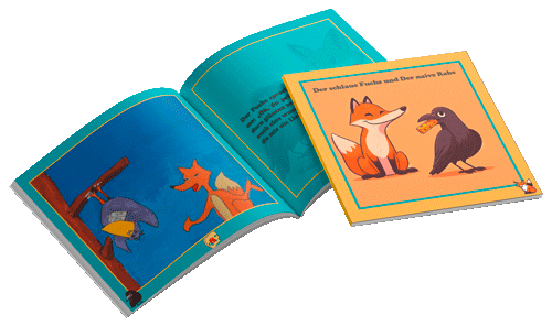 Kinderbuch »Der Rabe und der Fuchs« – Bilderbuch-Layout, erste Doppelseite