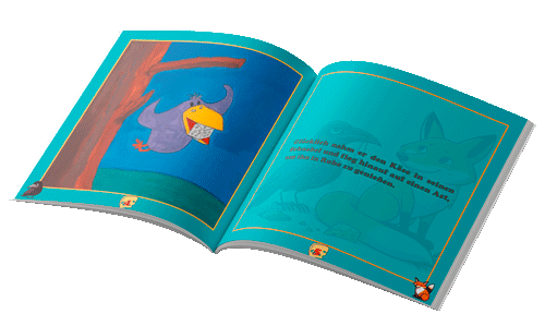 Kinderbuch »Der Rabe und der Fuchs« – Layout-Beispiel, zweite Doppelseite