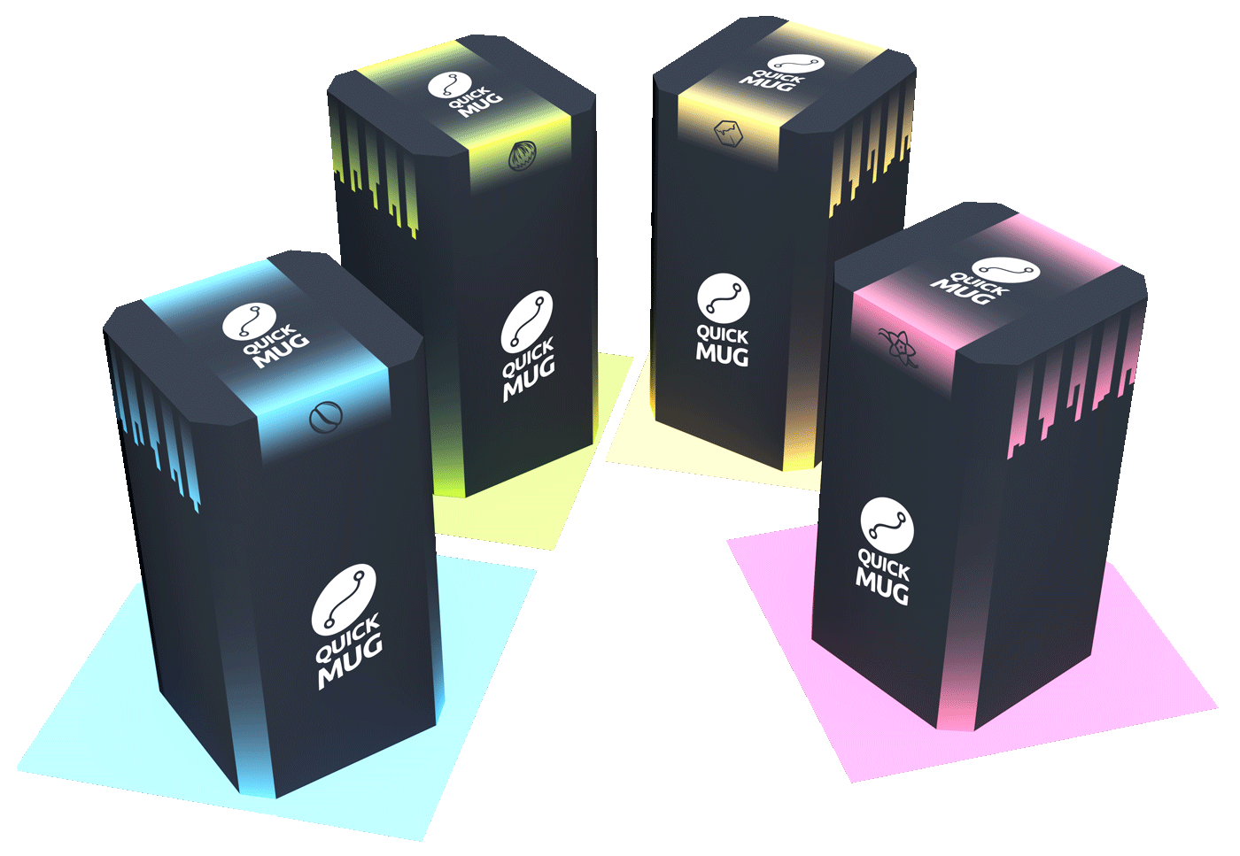Vier Verpackungen einer Serie in unterschiedlichen Farben – professionelles Verpackungsdesign mit klarer Systemgestaltung